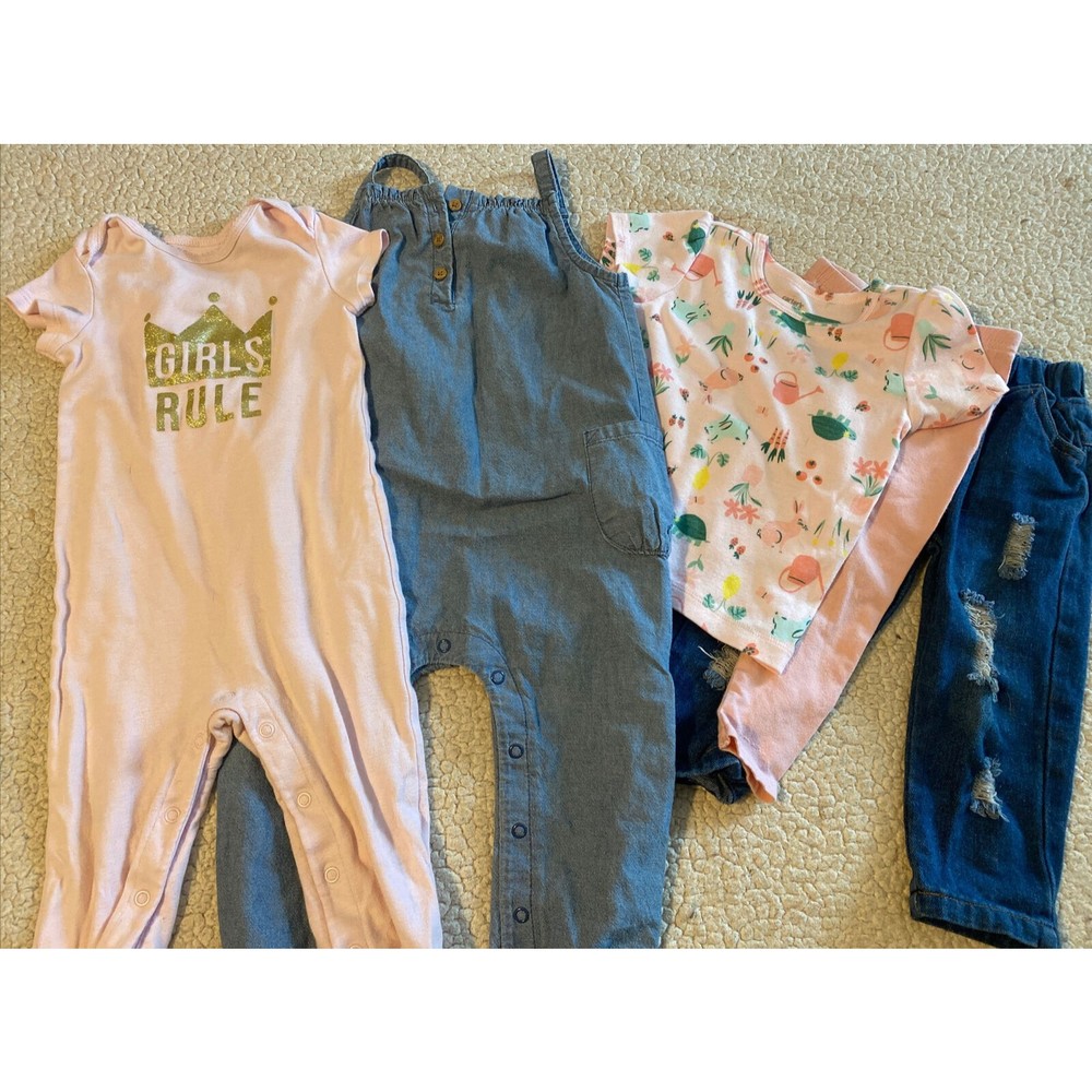 Lot of 5 Carter's 18 Months Baby Girl Jeans Romper Pajamas Pink Floral Denim